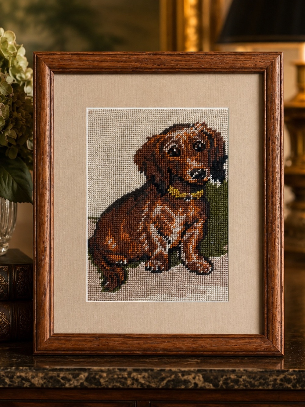 Vtg Framed Needlepoint Dachshund Dog Wall Art Custom Framed Cross Stitch 16x13